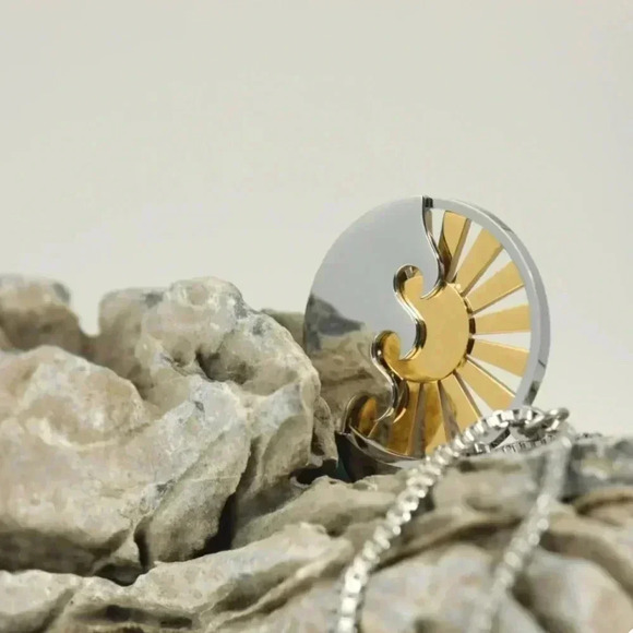 *NEW* 18K Gold Plated Stainless  Steel Sun & Waves Two Tone Necklace - Picture 5 of 7